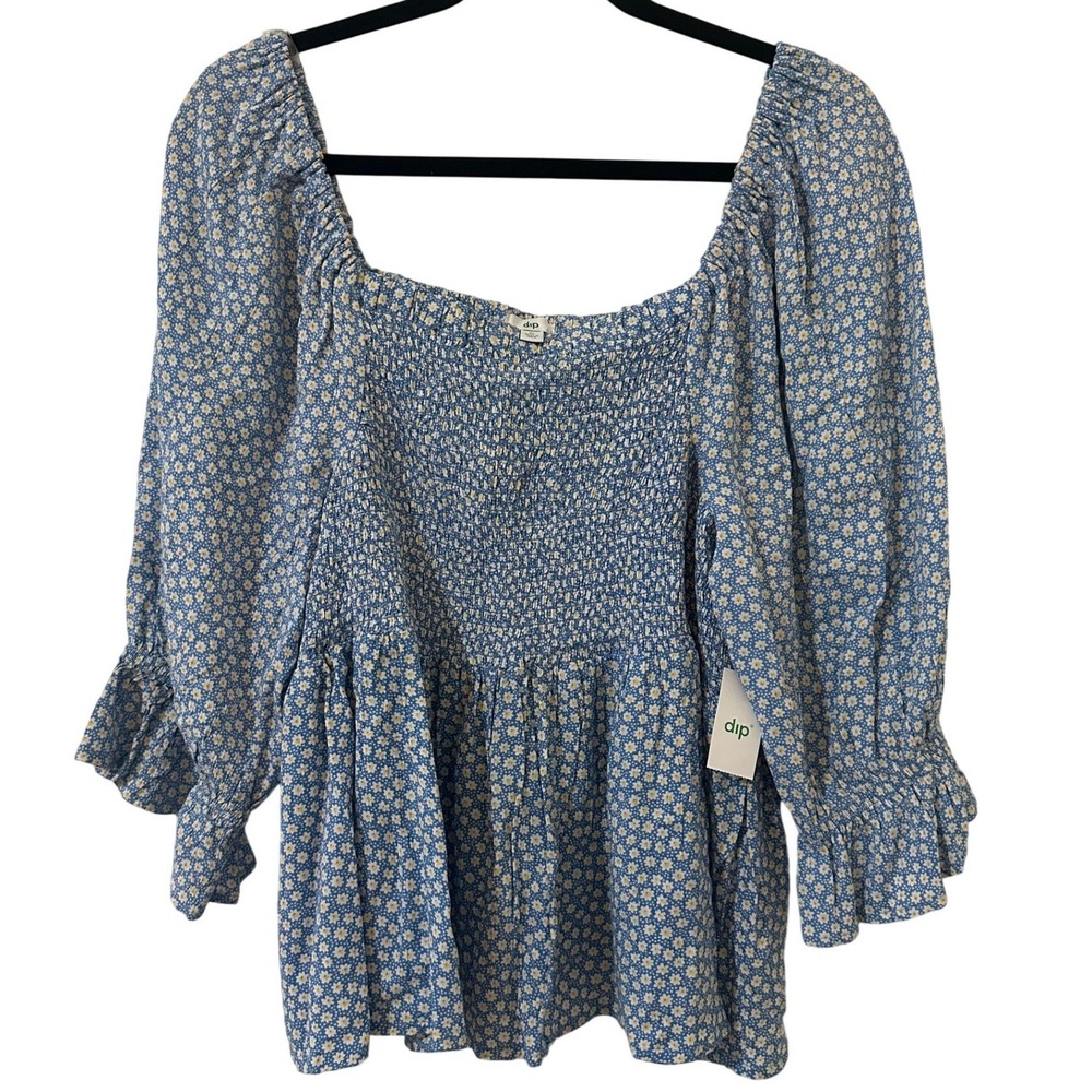 Dip Womens XL Blue Daisy Floral Smocked Peplum Top Cottagecore Coquette Milkmaid